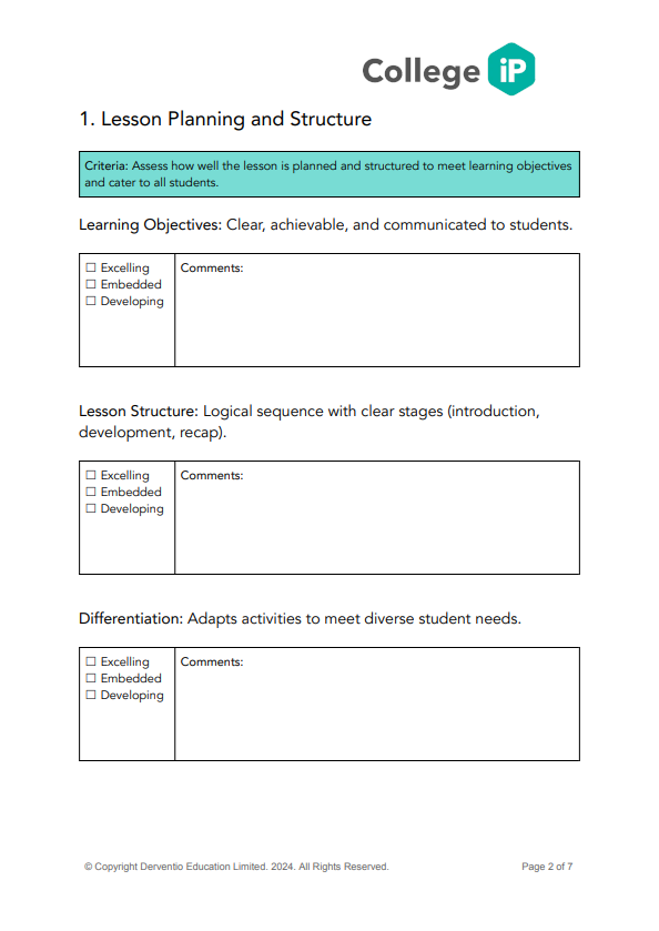 First page of Template - Lesson Observation - Colleges