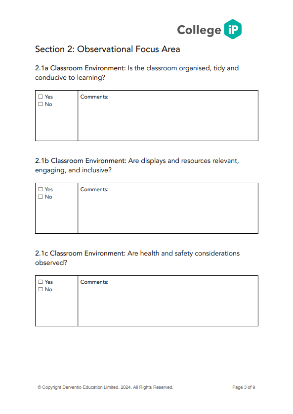 First page of Template - Learning Walk Monitoring - Colleges