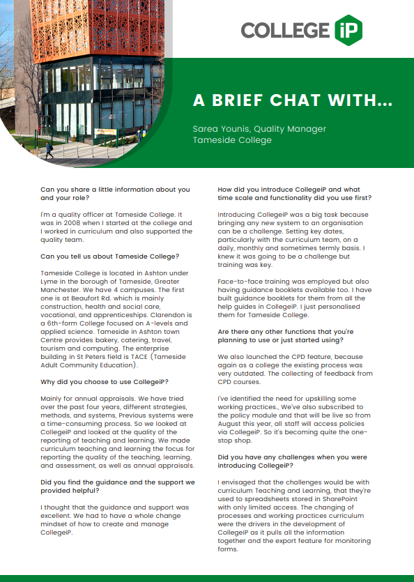 First page of CollegeiP Journey – Tameside College